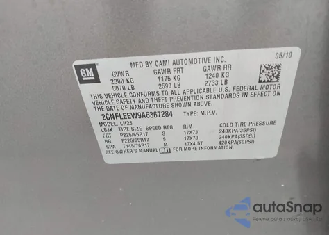 2010 Chevrolet Equinox Lt из США, поврежденный, VIN 2CNFLEEW9A6367284